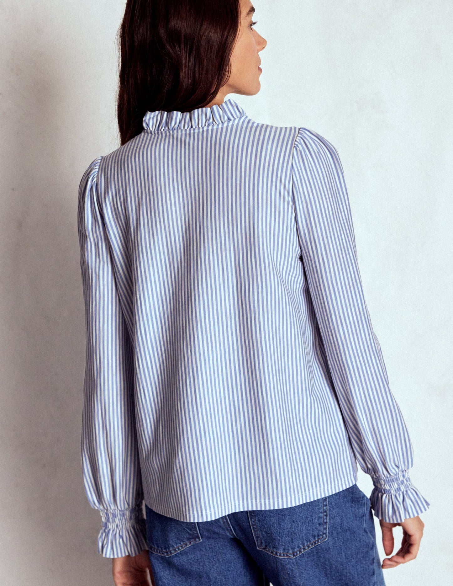 Smocked Yoke Jersey Shirt-Forever Blue and Ivory Stripe
