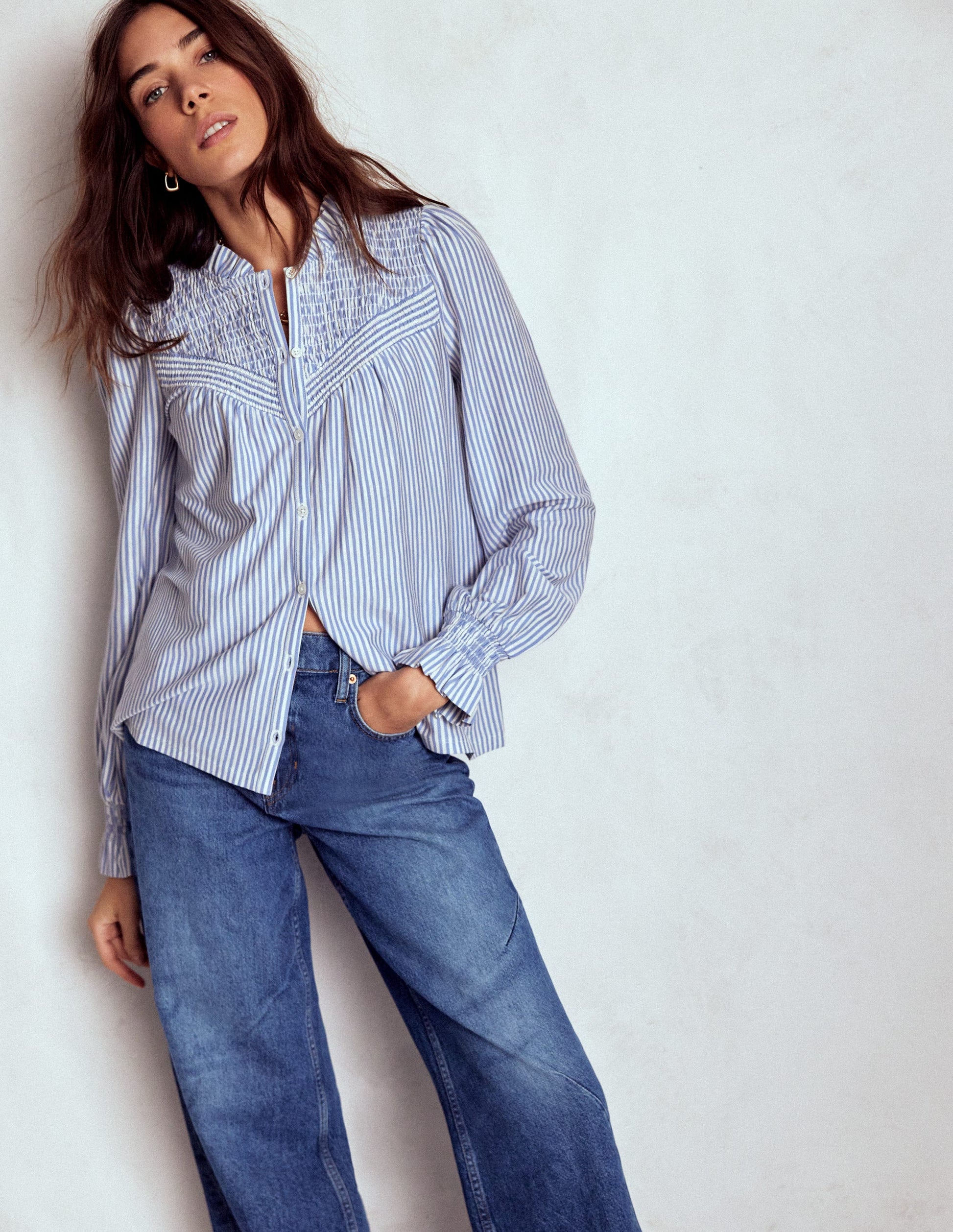 Smocked Yoke Jersey Shirt-Forever Blue and Ivory Stripe-4