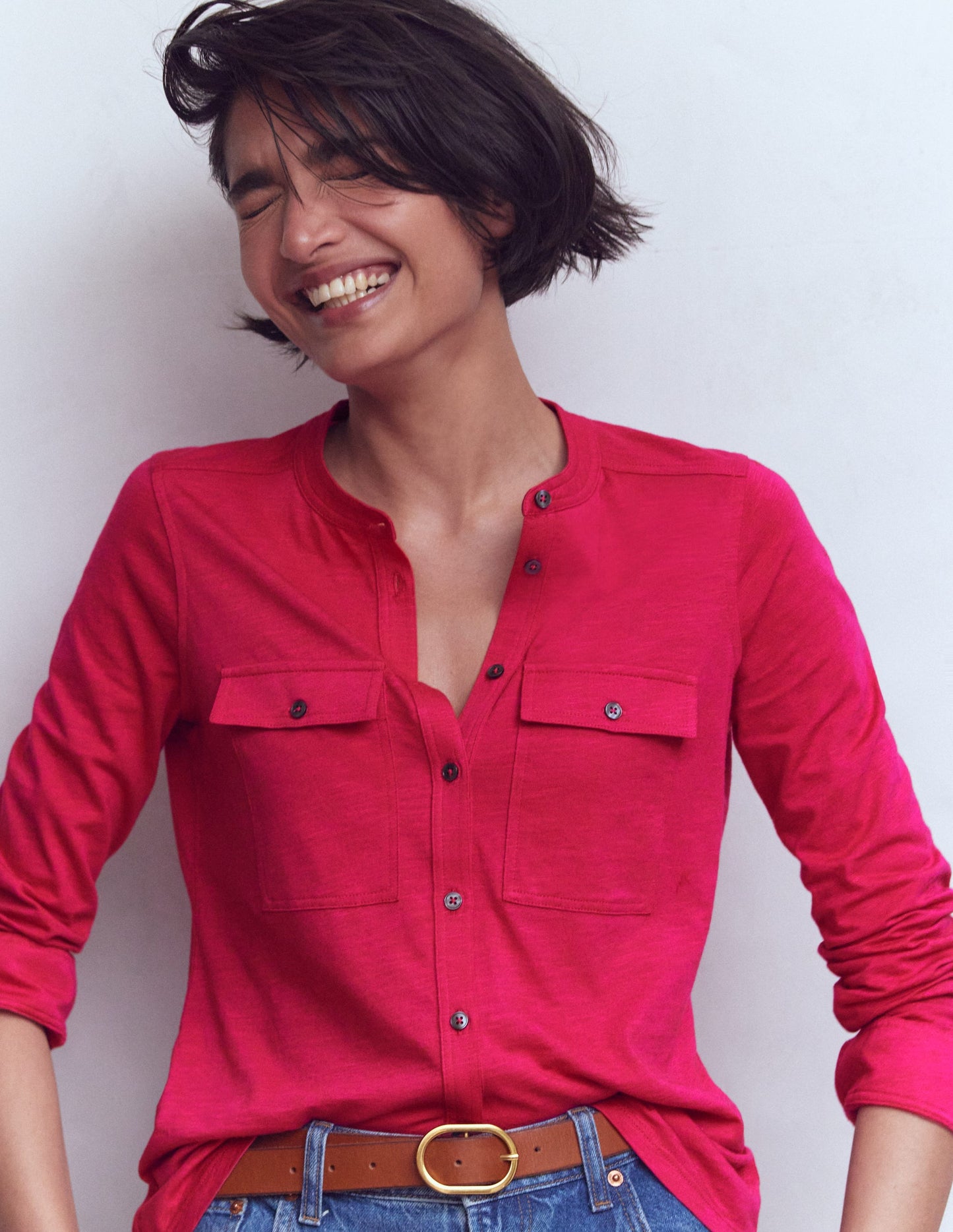 Topstitched Pocket Shirt-Pomegranate