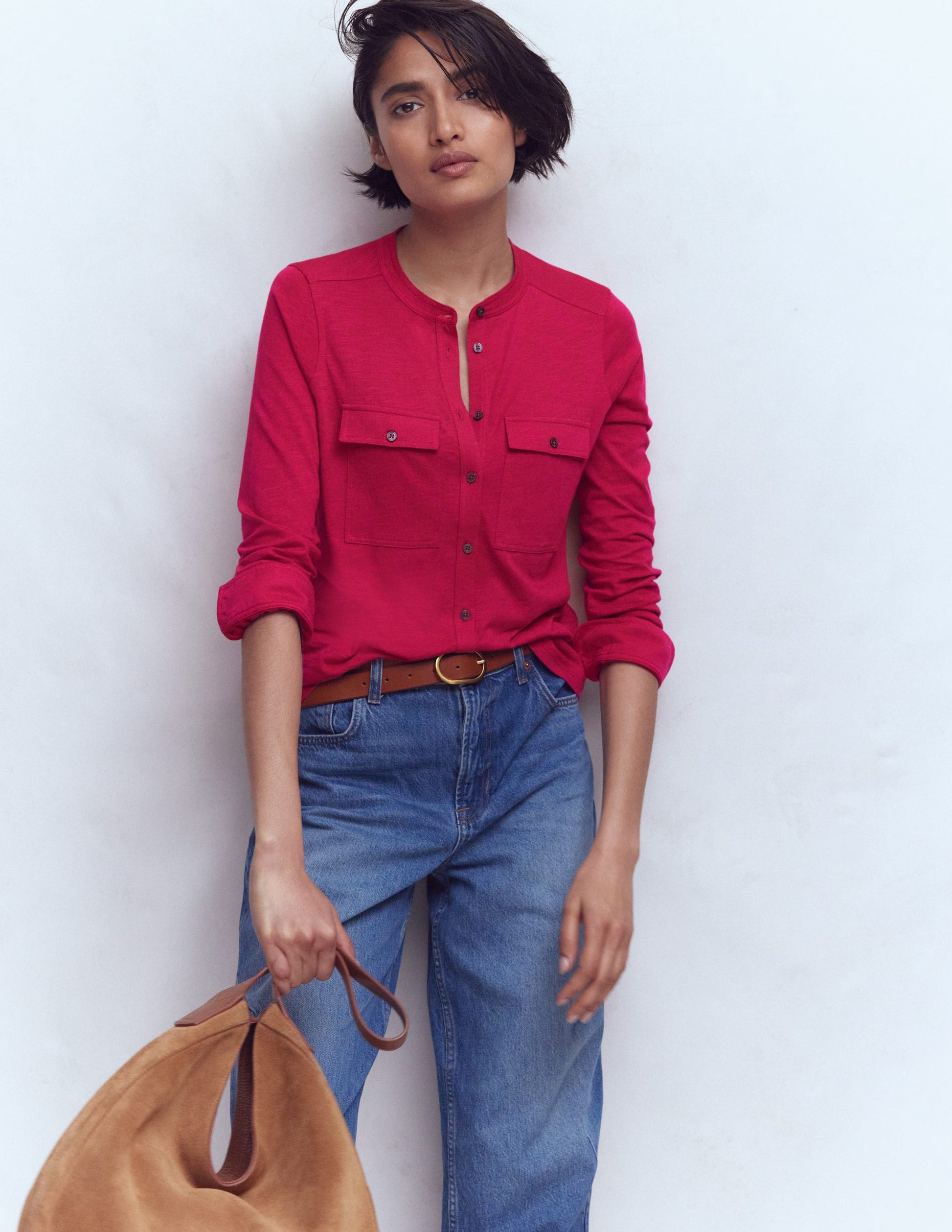 Topstitched Pocket Shirt-Pomegranate-4