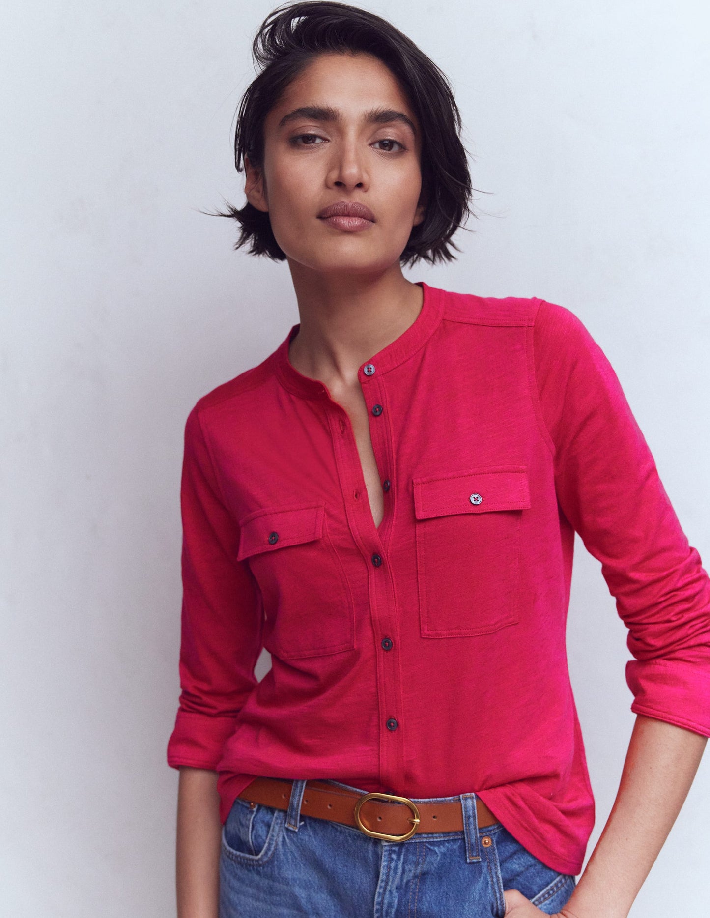 Topstitched Pocket Shirt-Pomegranate