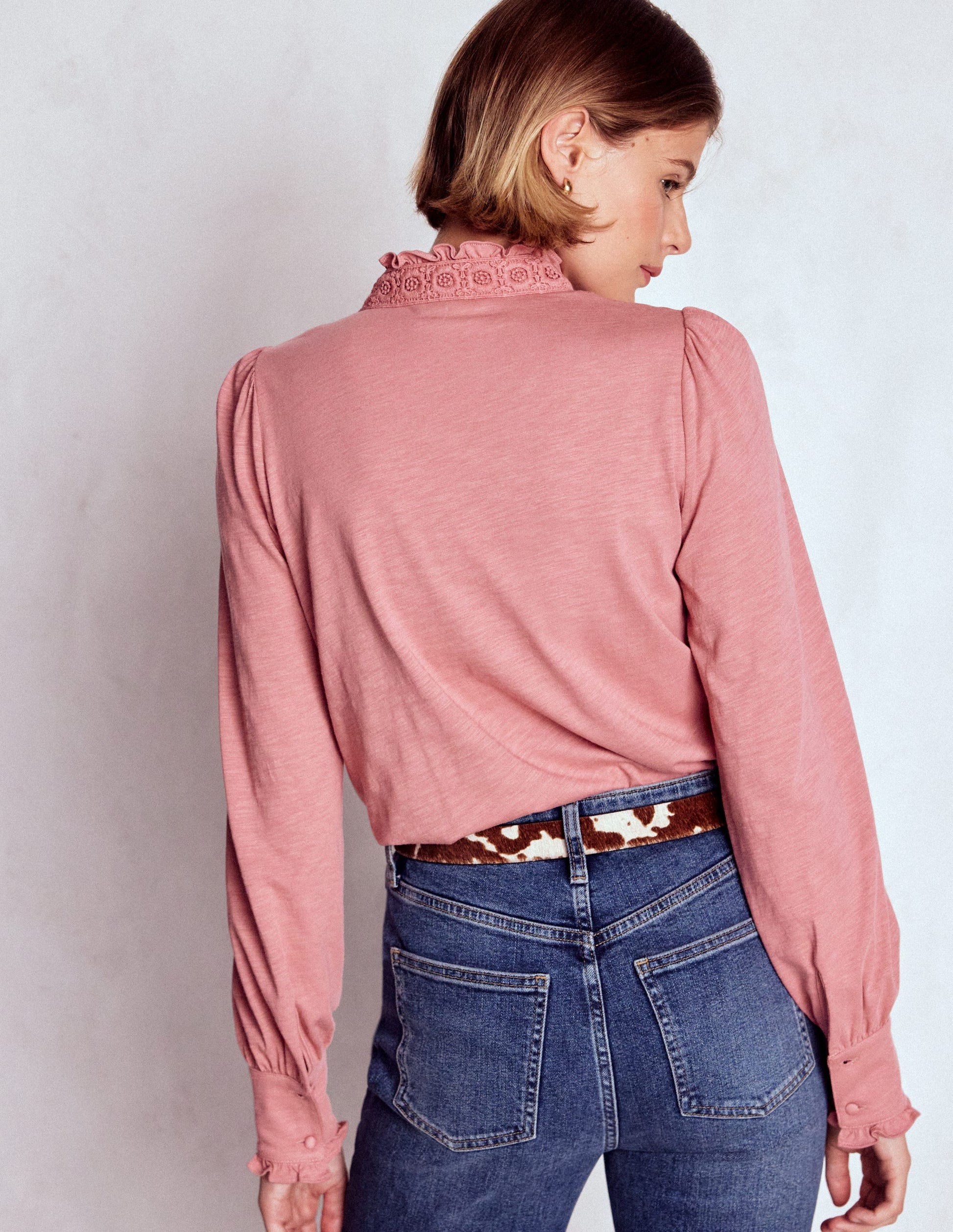 Lace Detail Jersey Shirt-Vintage Rose-4