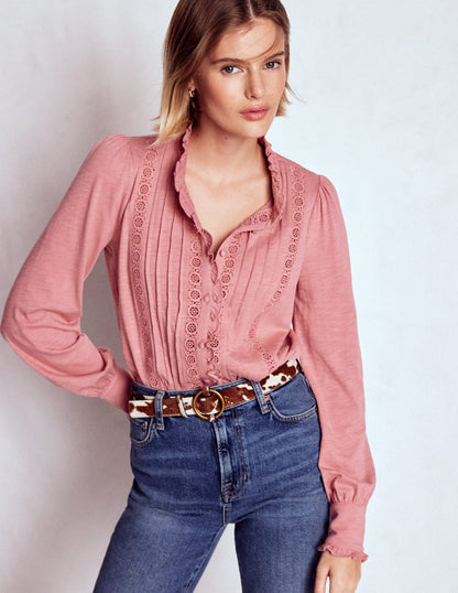 Lace Detail Jersey Shirt-Vintage Rose-5