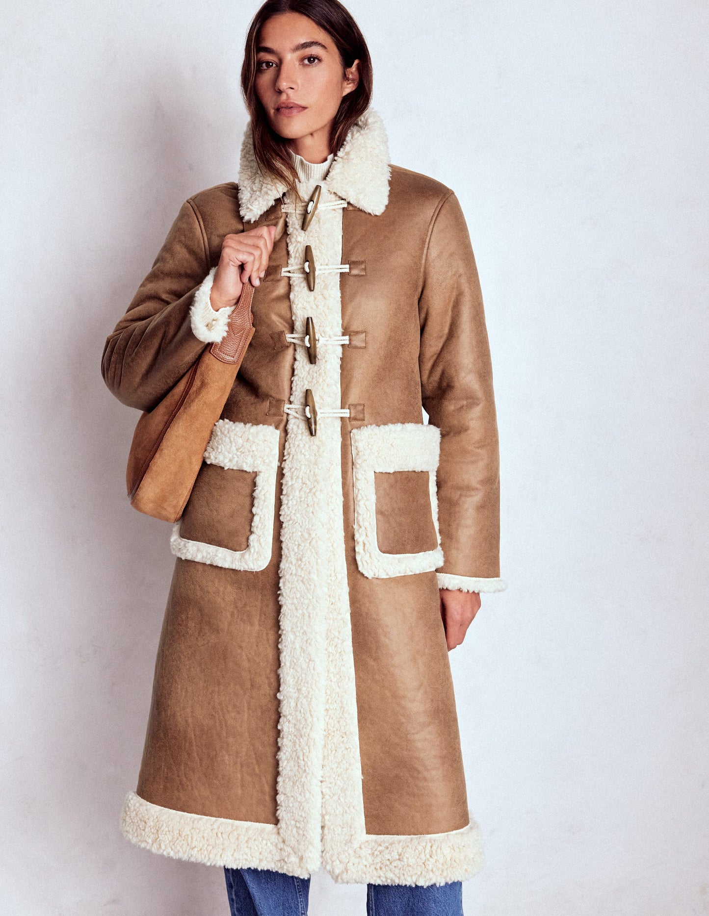Shearling Duffle Coat-Camel, Natural Borg