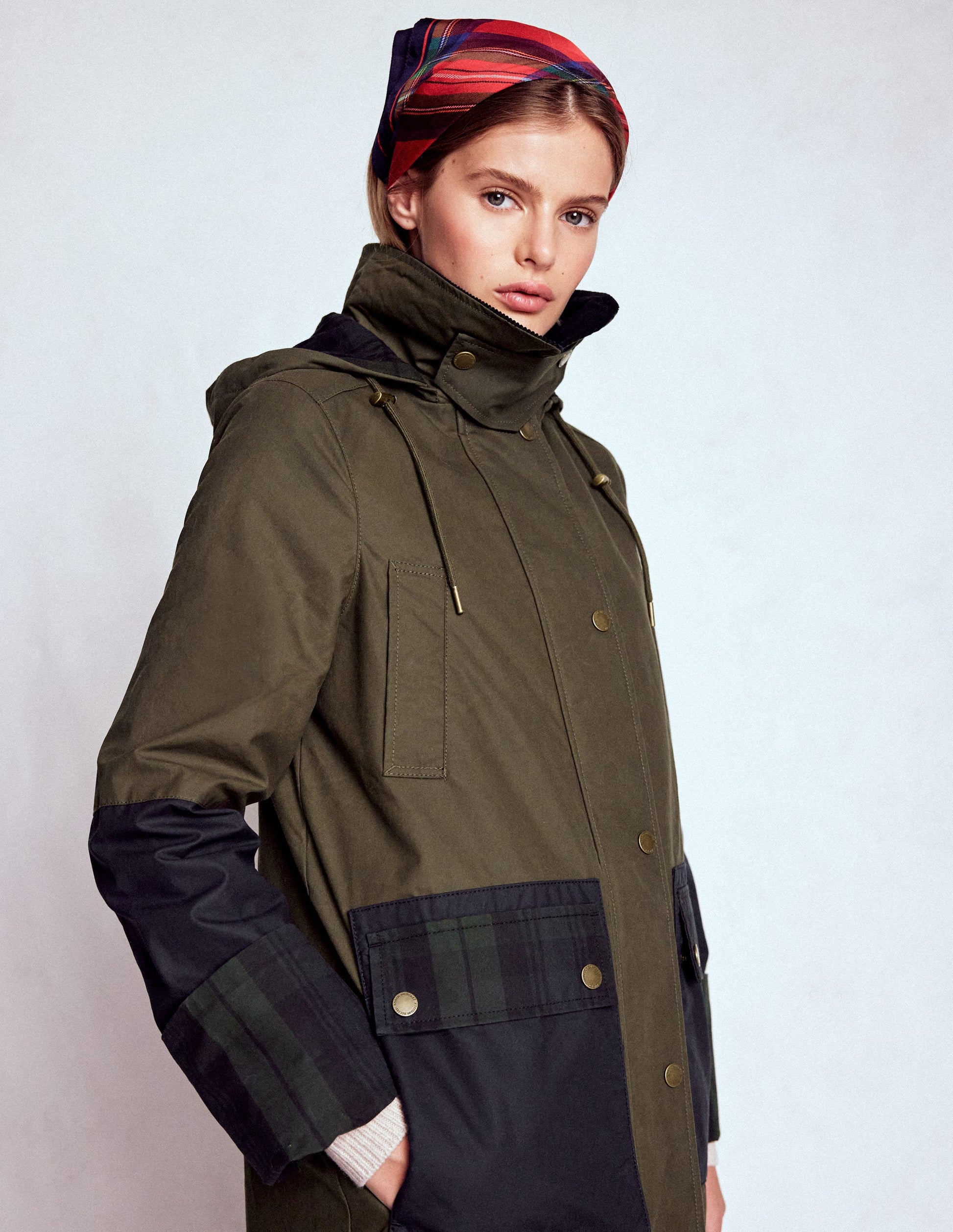Longline Wax Coat-Navy Khaki Colourblock-3