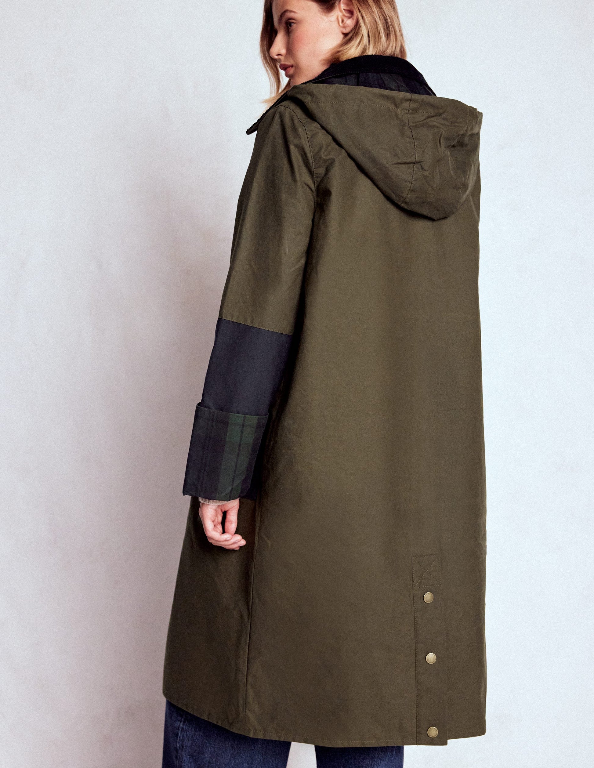 Longline Wax Coat-Navy Khaki Colourblock-5