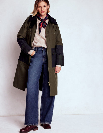 Longline Wax Coat-Navy Khaki Colourblock-1