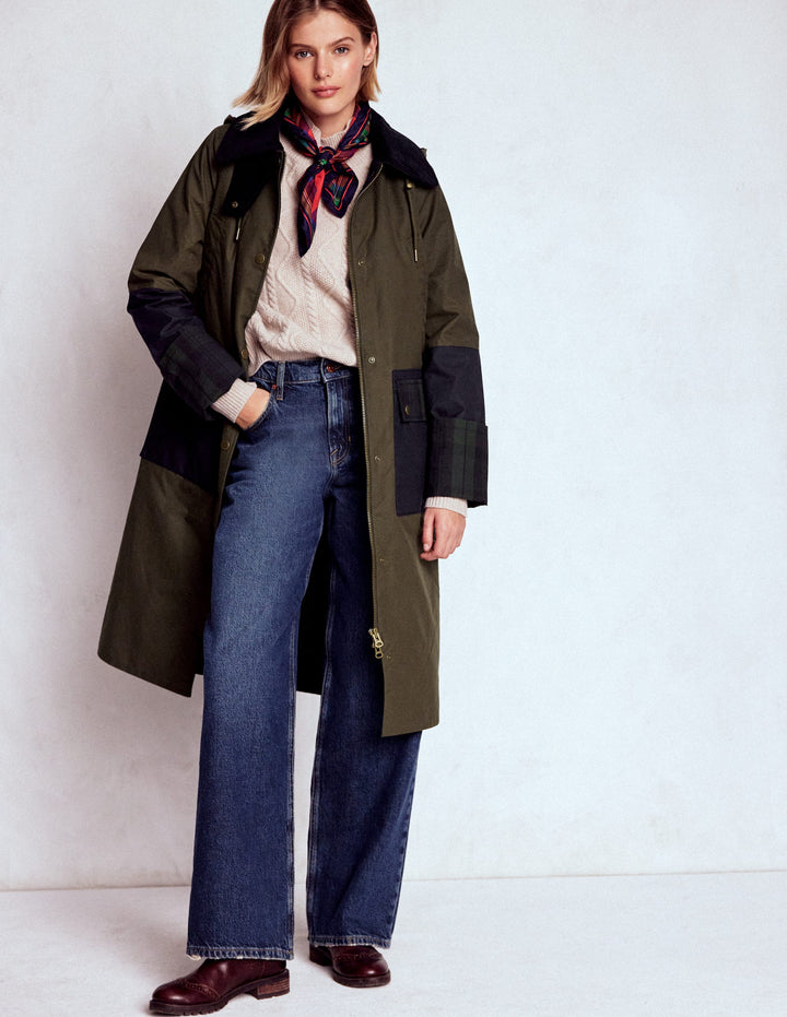 Longline Wax Coat-Navy Khaki Colourblock