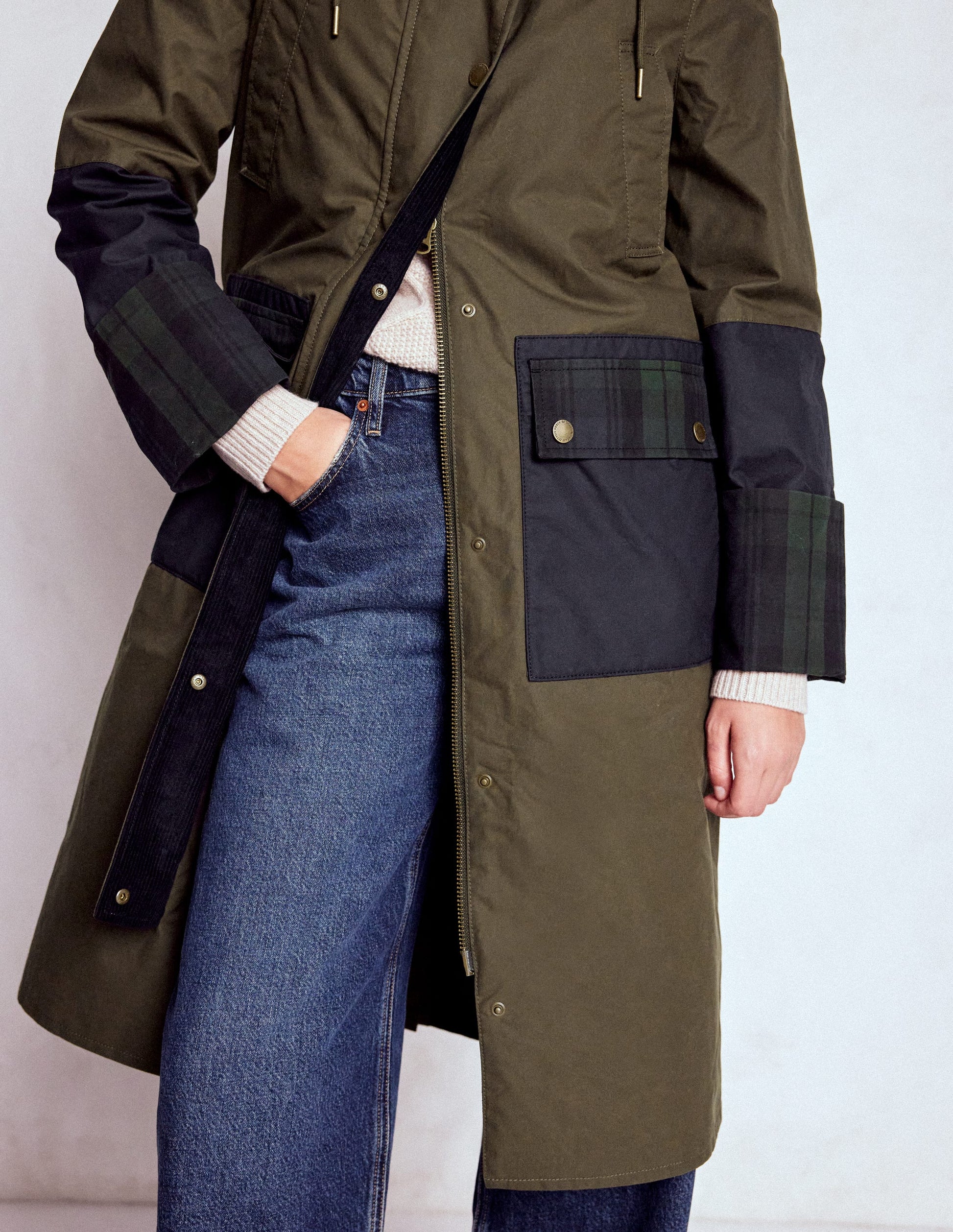 Longline Wax Coat-Navy Khaki Colourblock-6