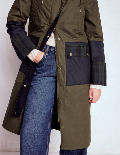 Longline Wax Coat-Navy Khaki Colourblock-6