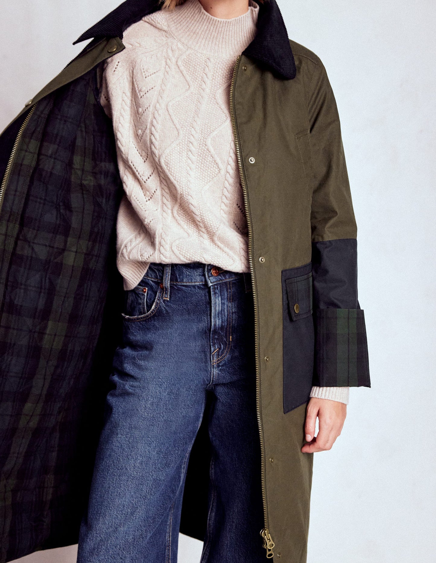 Longline Wax Coat-Navy Khaki Colourblock