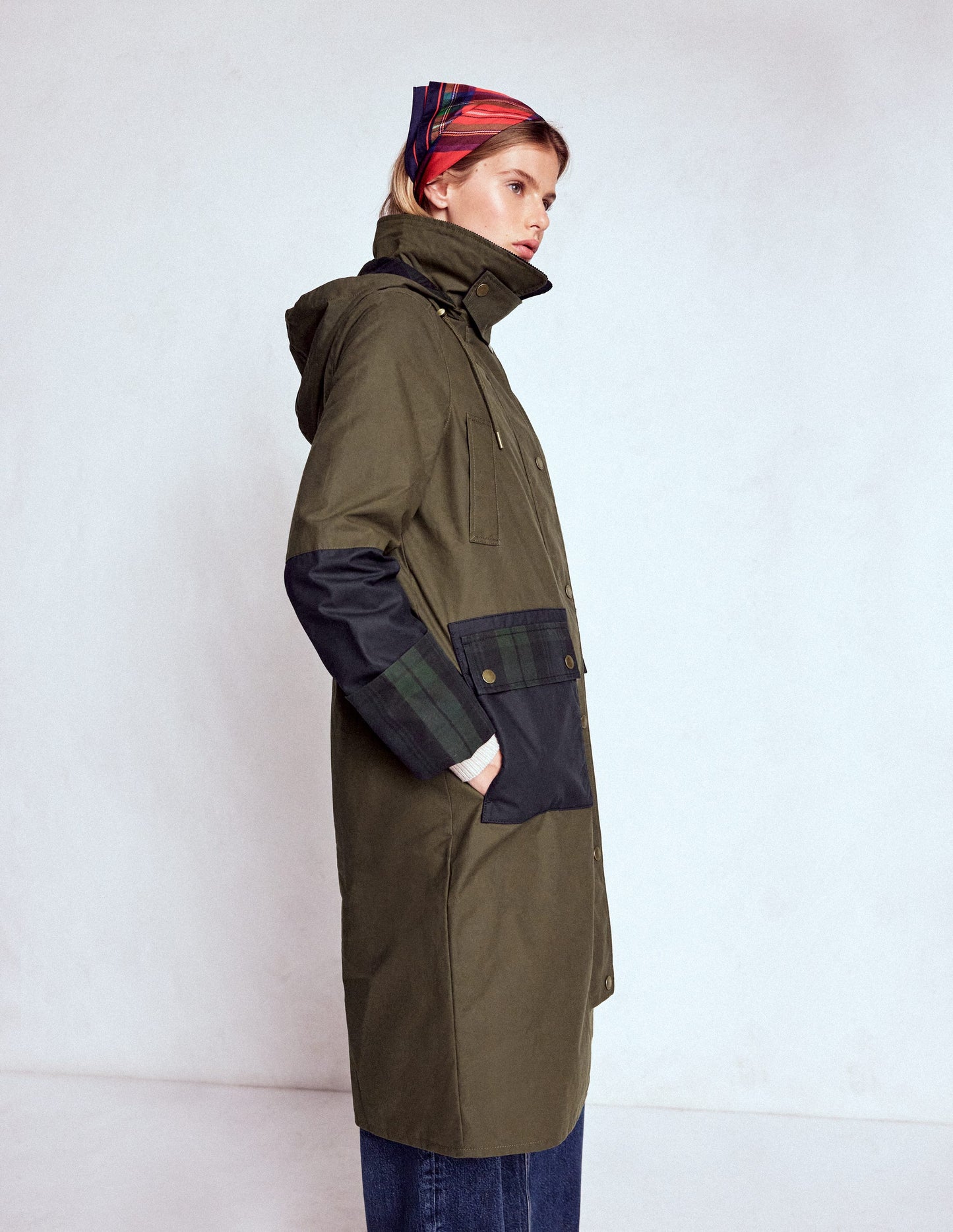 Longline Wax Coat-Navy Khaki Colourblock