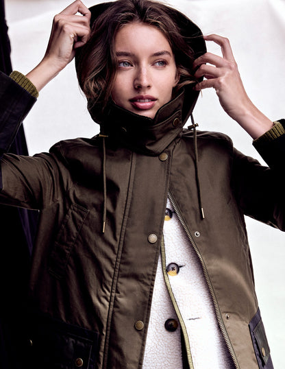 Longline Wax Coat-Navy Khaki Colourblock-2