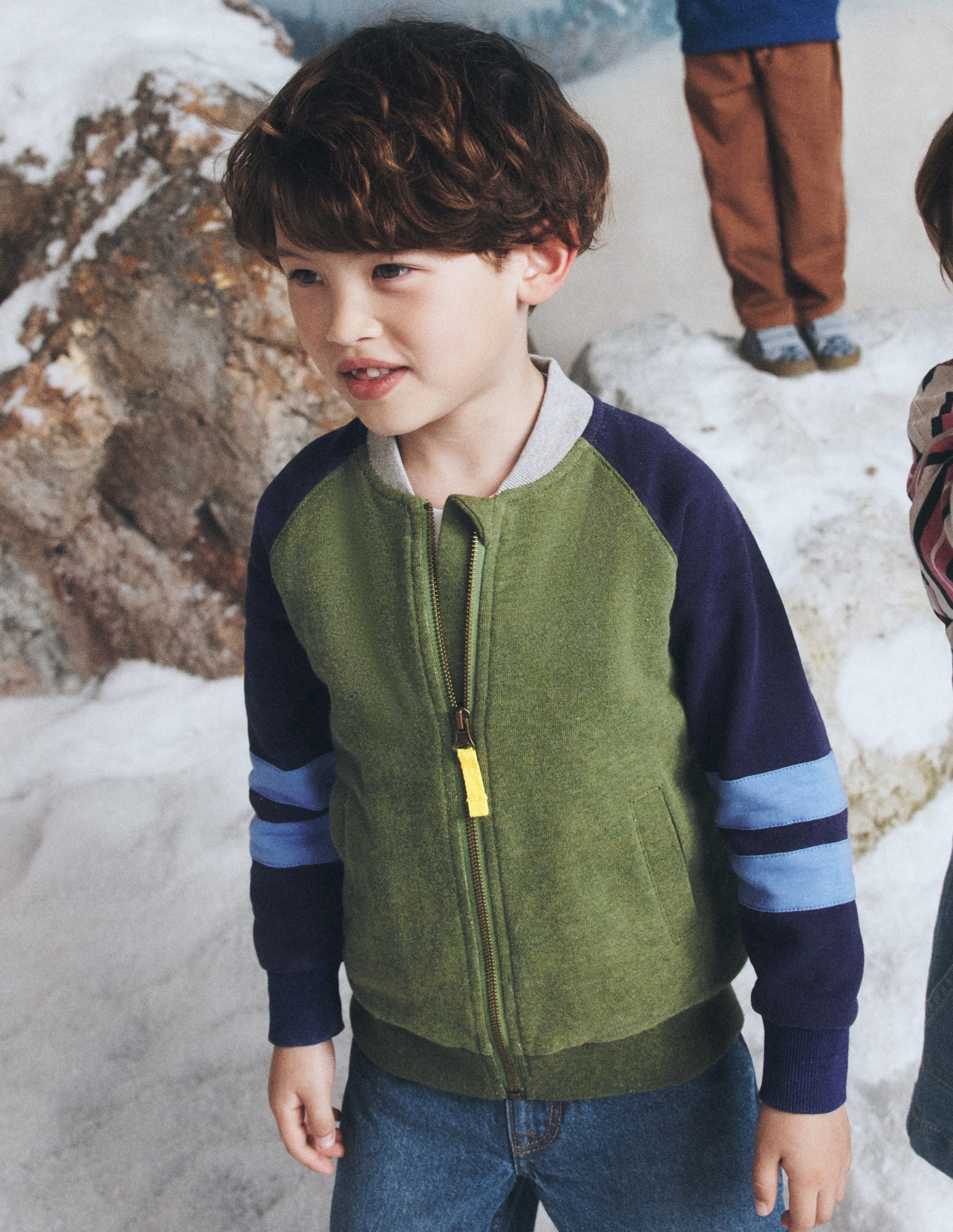Fleece Lined Bomber Jacket-Green / Blue Colourblock-5