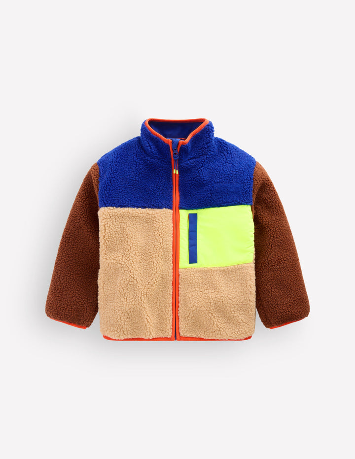 Cosy Colour Block Borg Jacket-Borg Yellow Colourblock