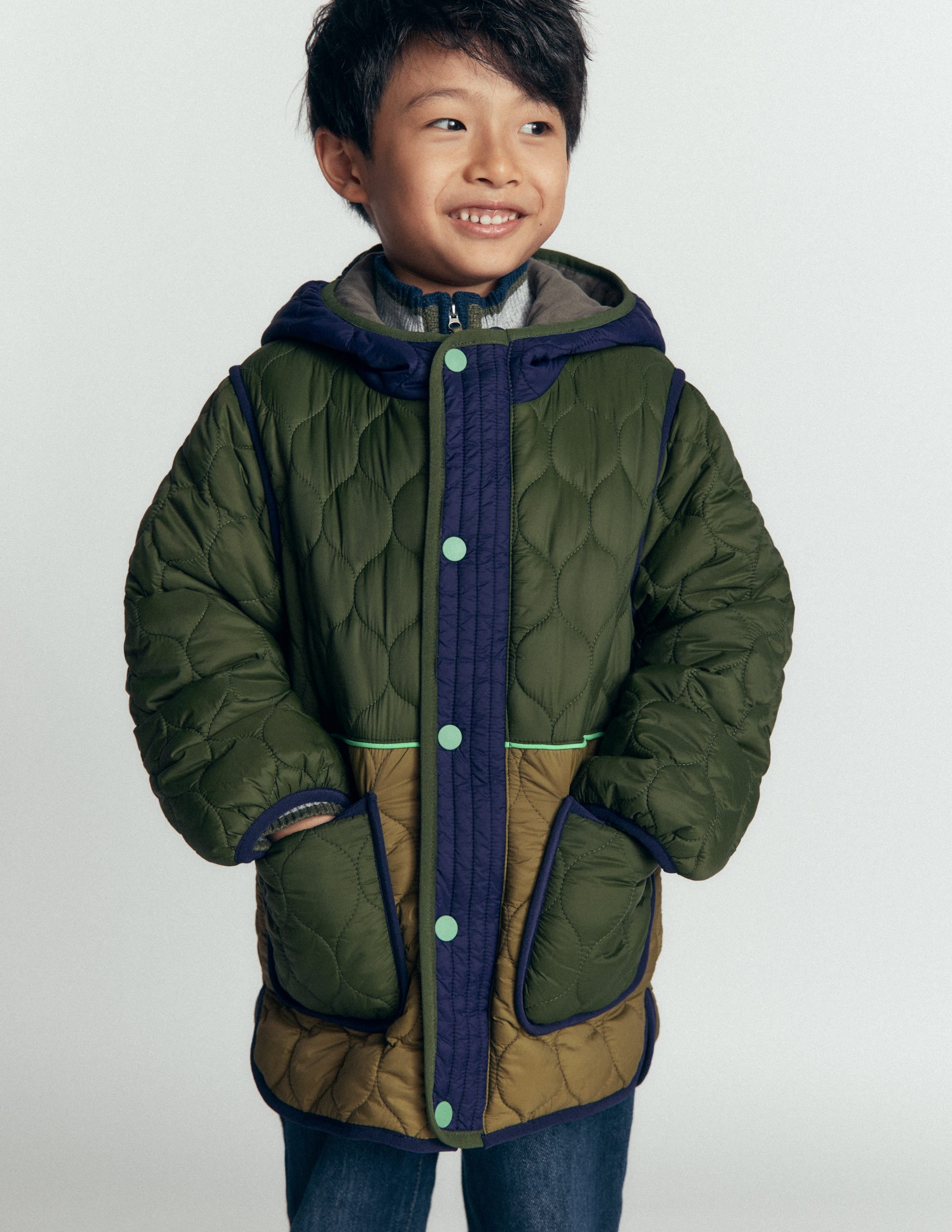 Quilted Coat-Khaki Colourblock - Image 1