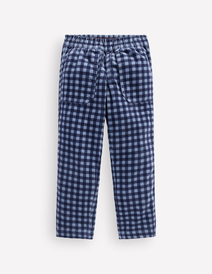 Pull-on Cord Trousers-Faded Denim Gingham