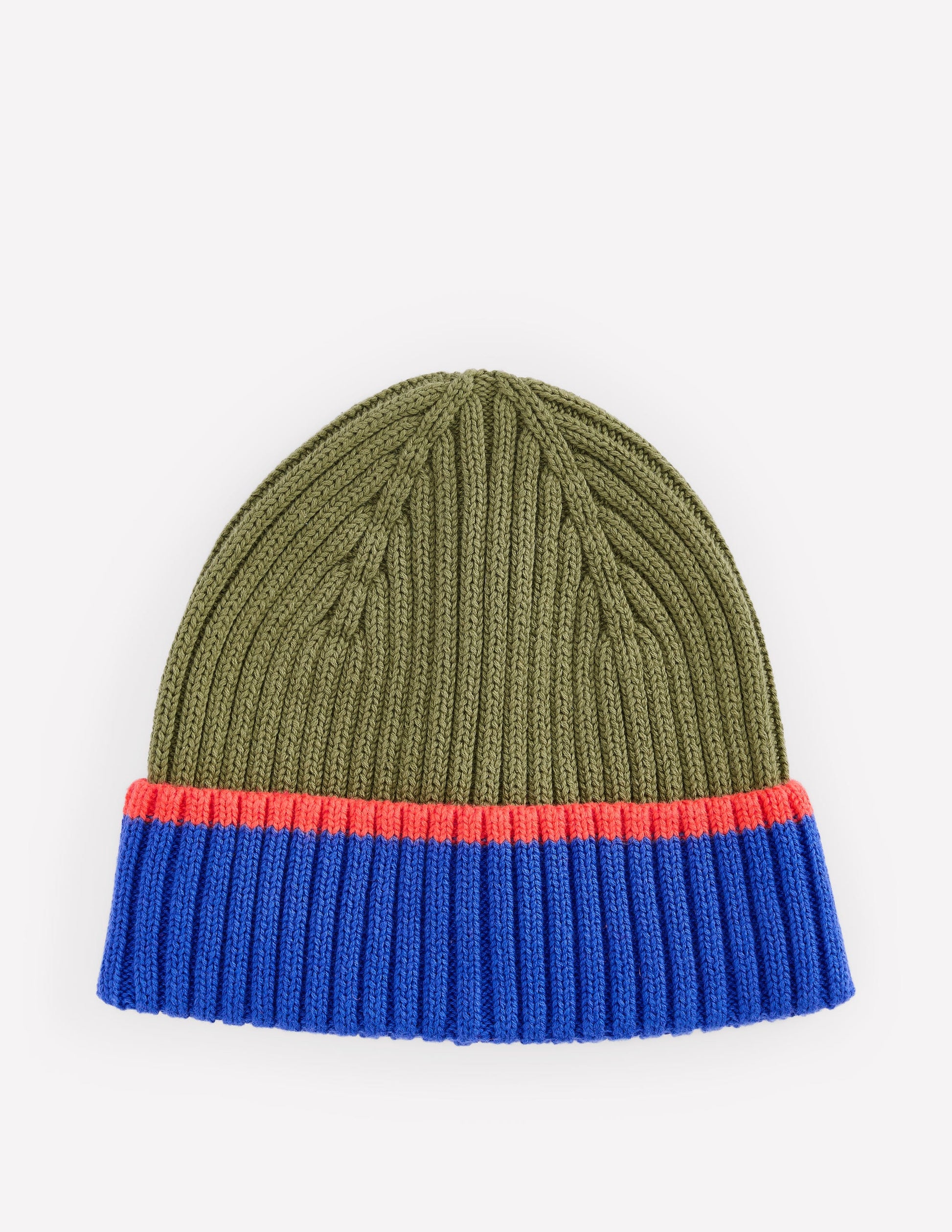 Boy's Cotton Ribbed Beanie-Olive Colourblock-1