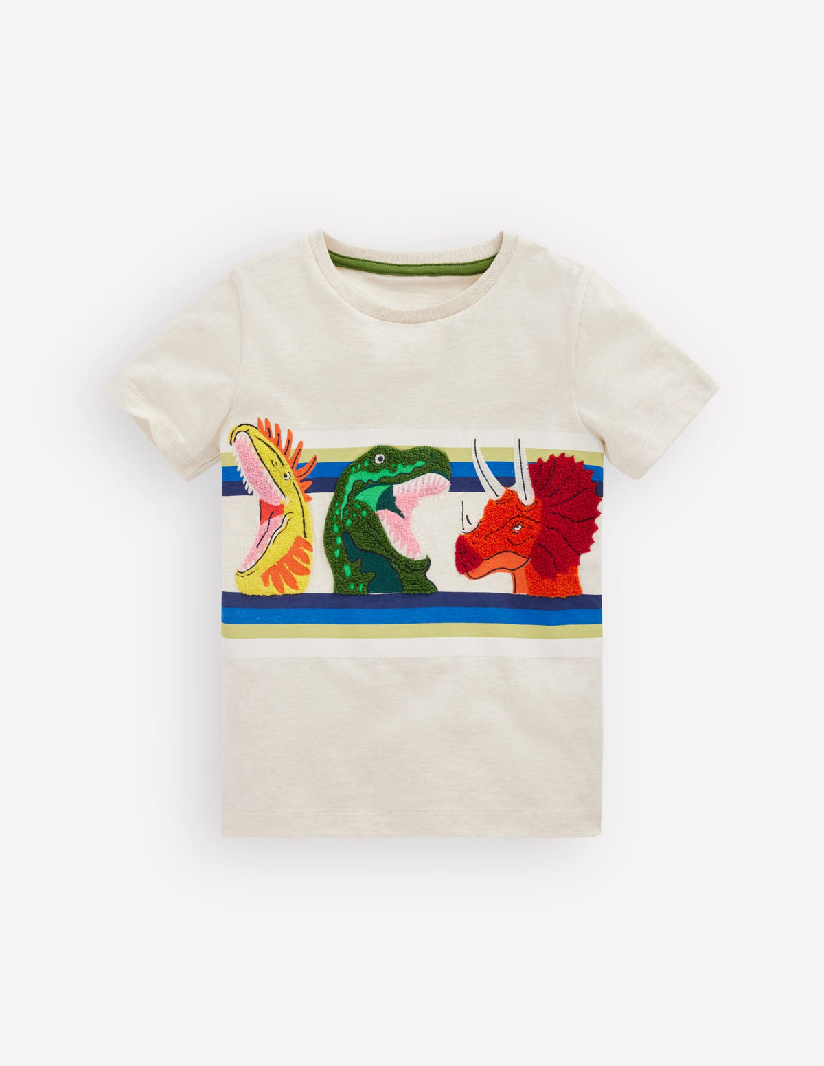 Short Sleeve Appliqué T-shirt-Oatmeal Marl Dino Stripe - Image 1