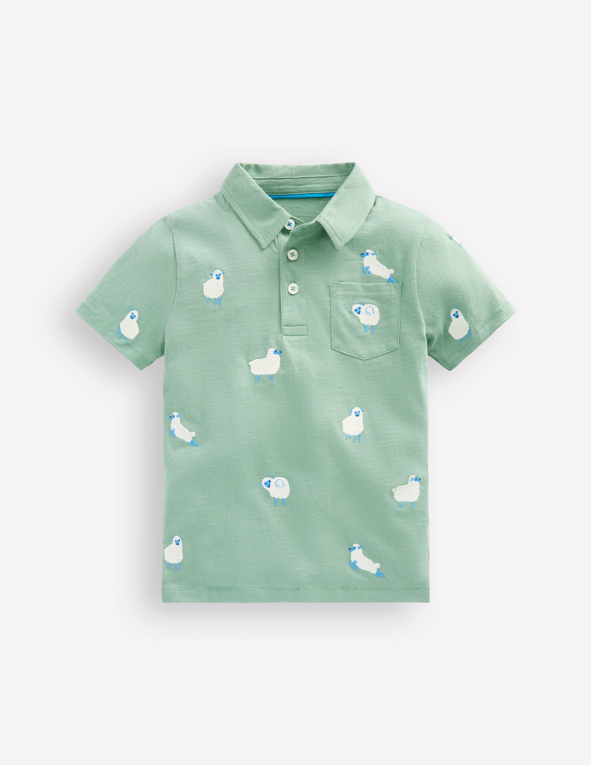 Embroidered Slub Polo Shirt-Green Sheep - Image 1