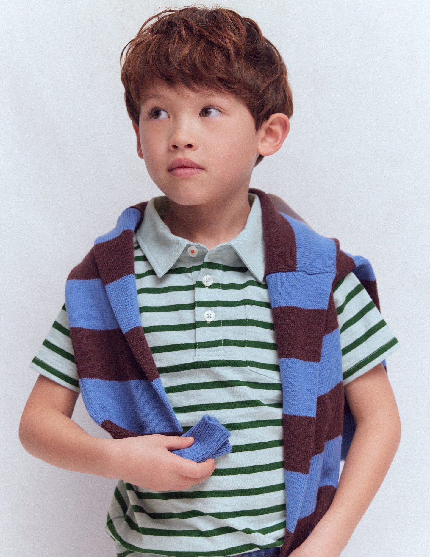 Slub Polo Shirt-Misty Blue/ Pine Green