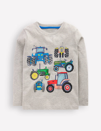 Long Sleeve Printed T-shirt-Grey Marl Tractor-1