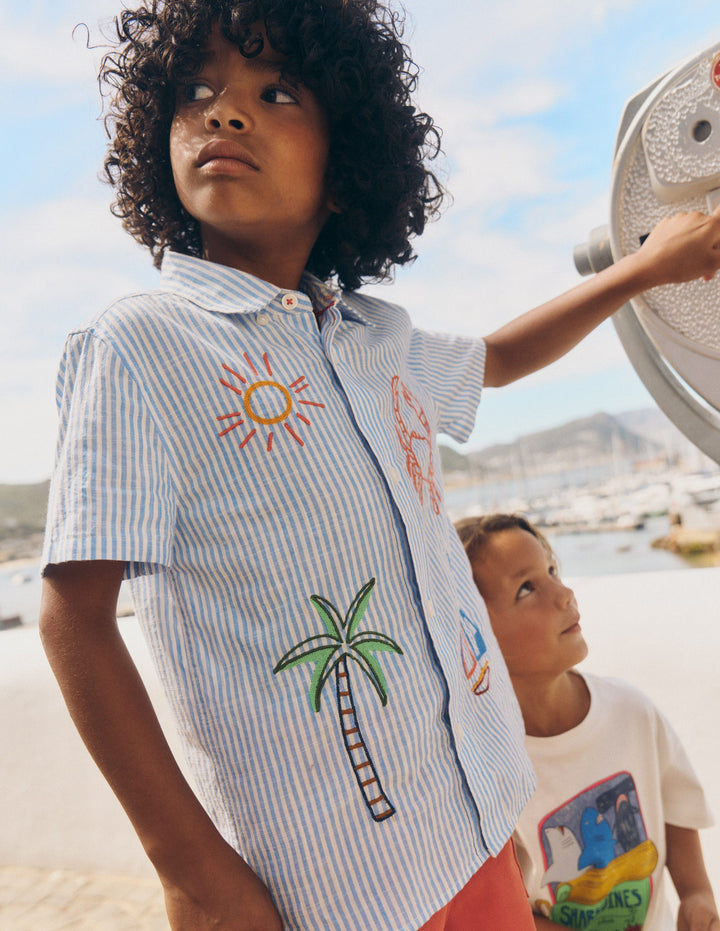 Embroidered Short Sleeve Shirt-Sea Side Embroidery