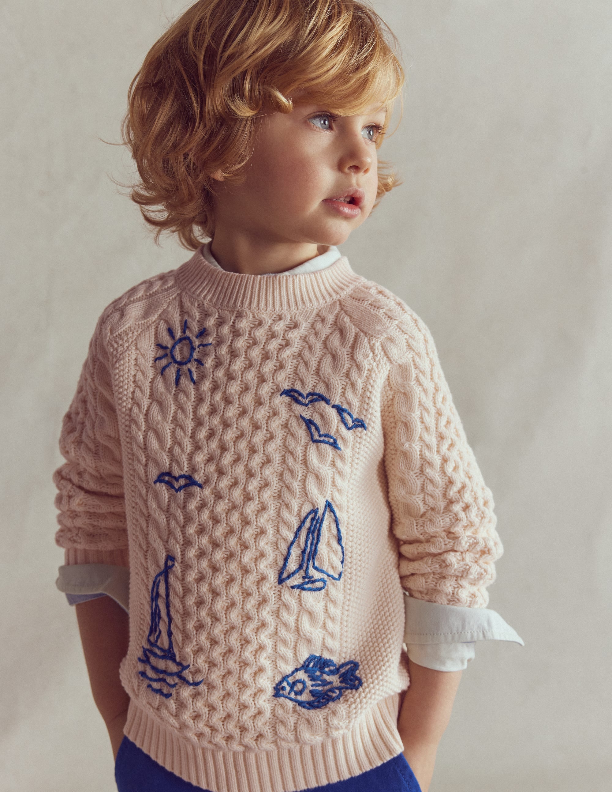 Cable Embroidered Jumper-Warm Ivory - Image 1
