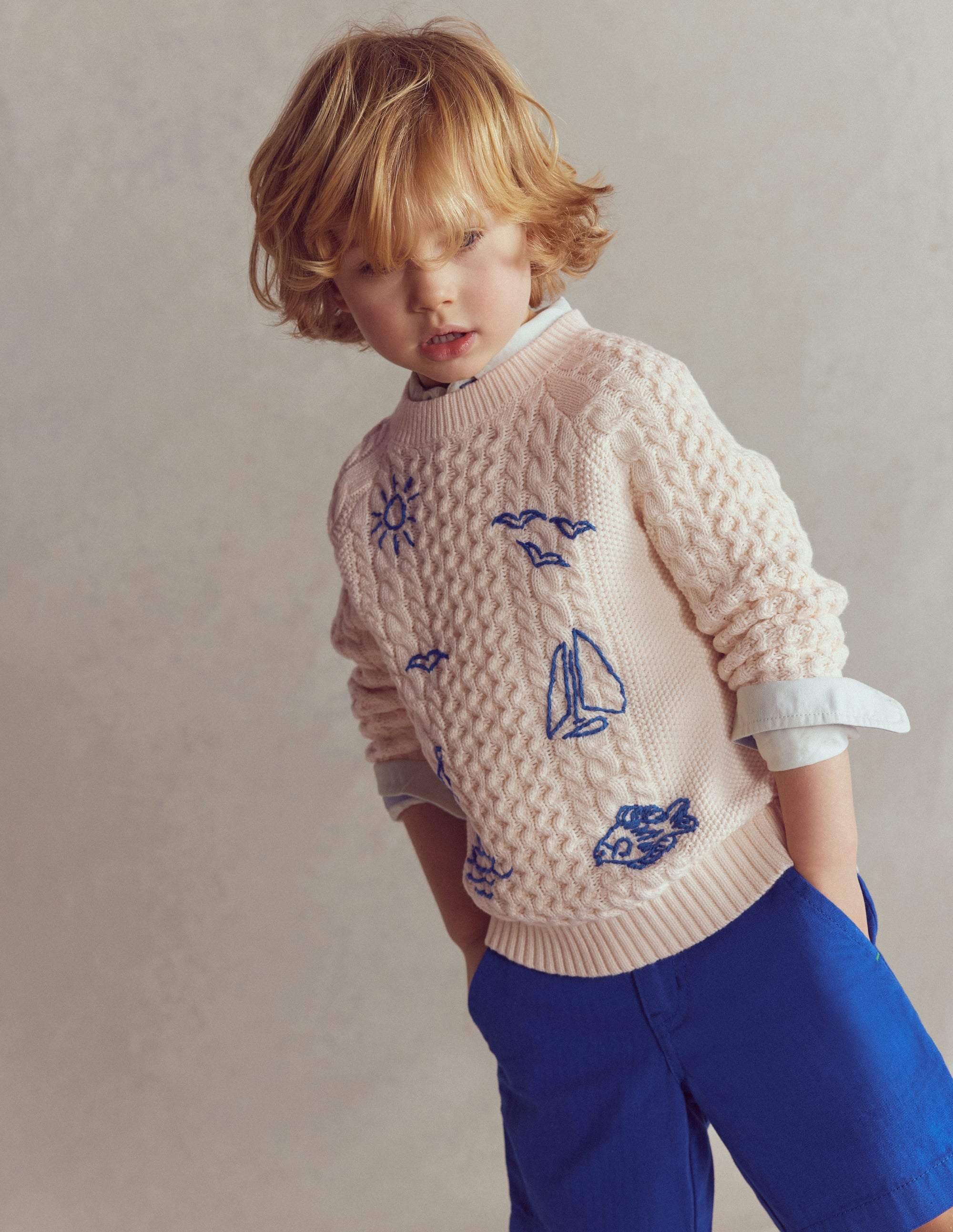 Cable Embroidered Jumper-Warm Ivory - Image 5