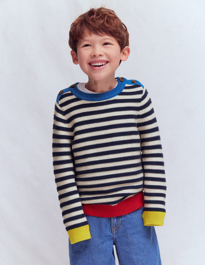 Chunky Jumper-Navy Marl and Ecru Stripe