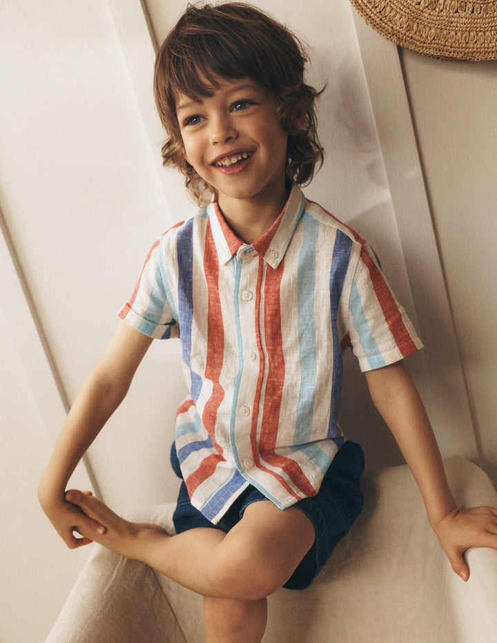 Cotton Linen Shirt-Blue and Red Stripe
