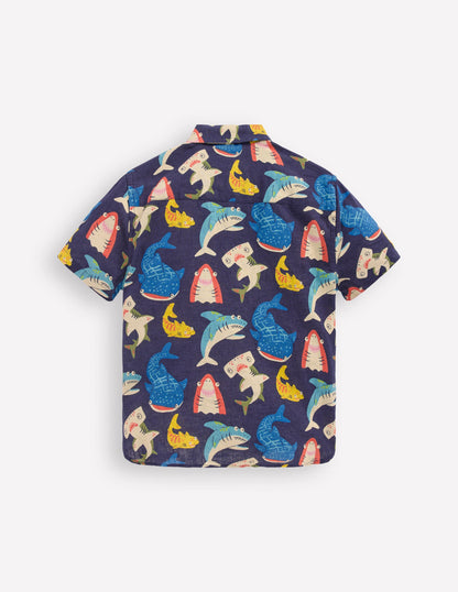 Cotton Linen Shirt-College Navy Multi Sharks-2