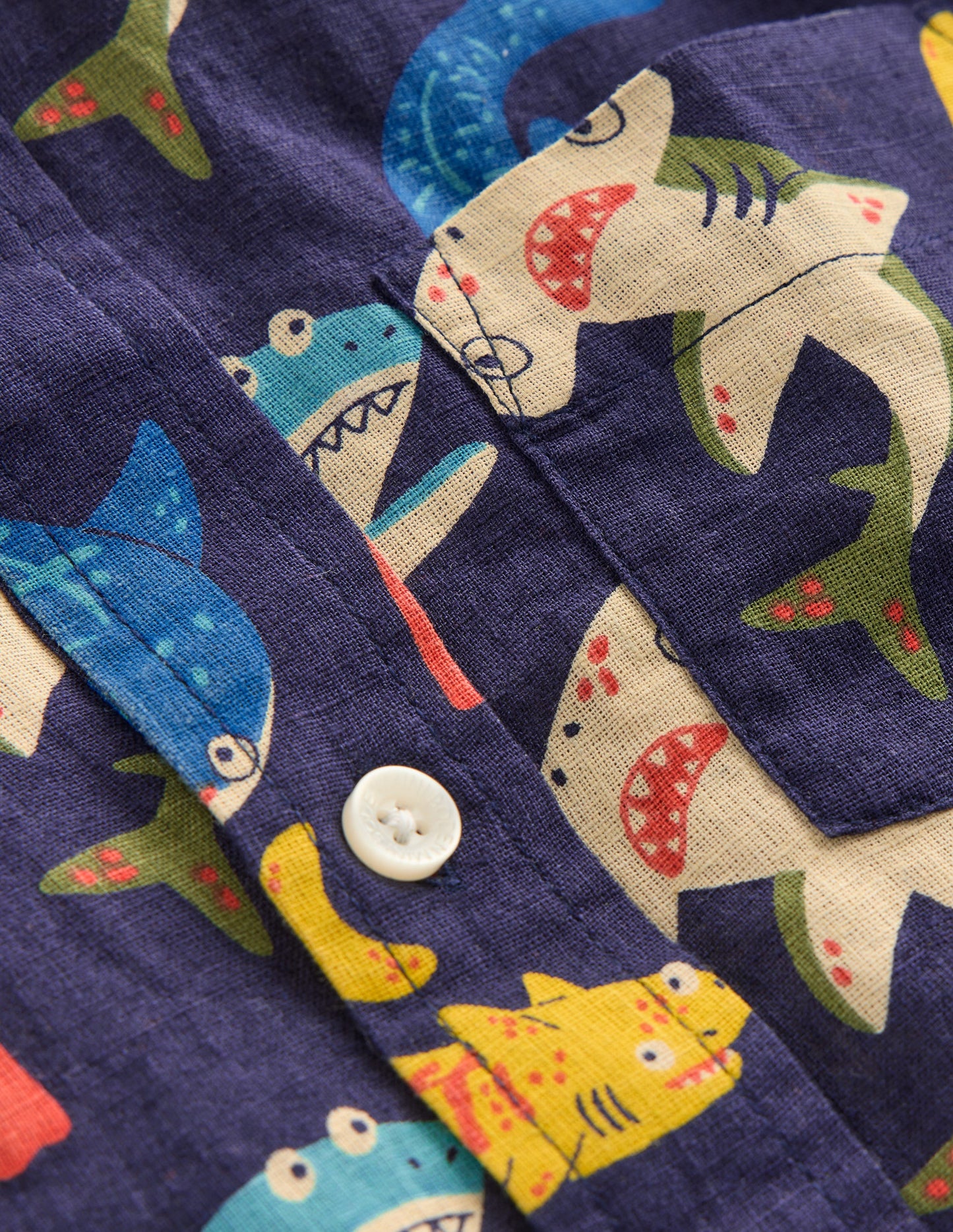 Cotton Linen Shirt-College Navy Multi Sharks