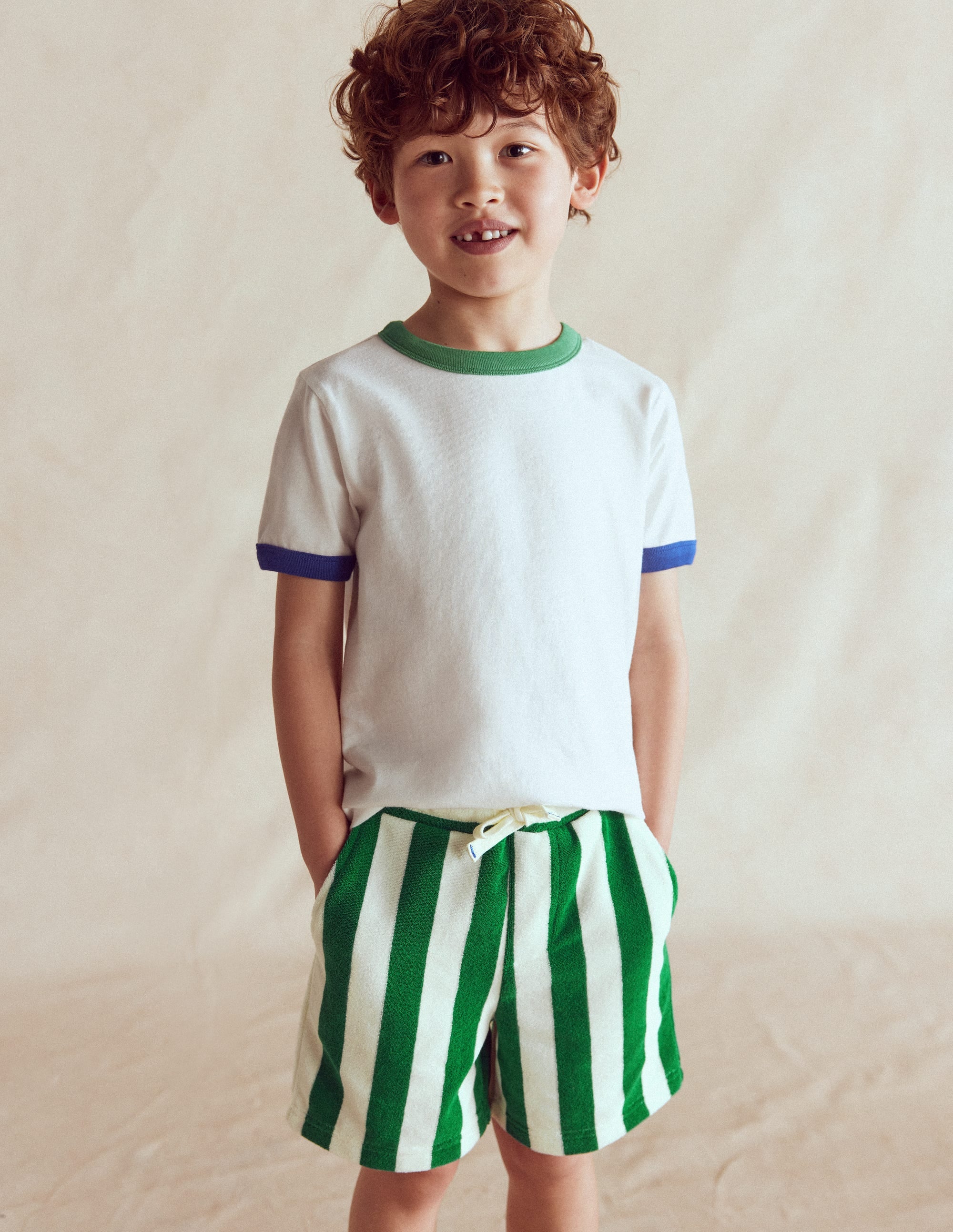 Towelling Shorts-Green and Ivory Stripe - Image 1
