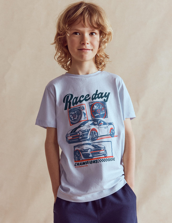 Short Sleeve Graphic T-shirt-Blue Race Cars
