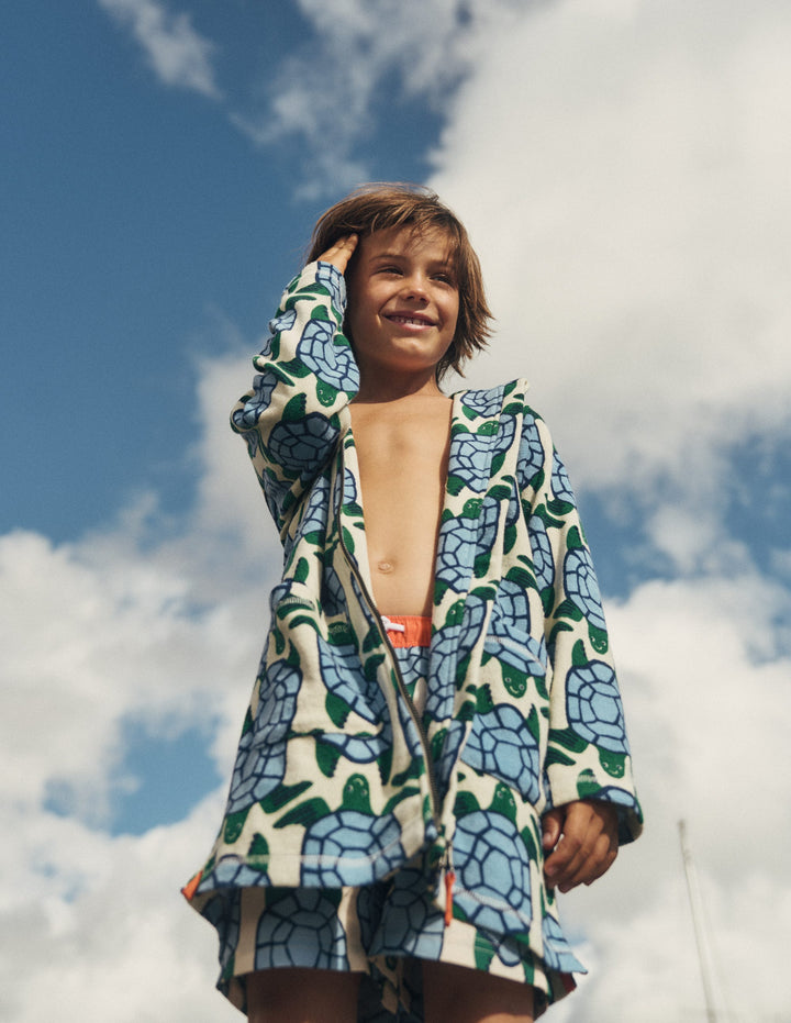 Towelling Zip-Up Throw-On-Calico White Turtles