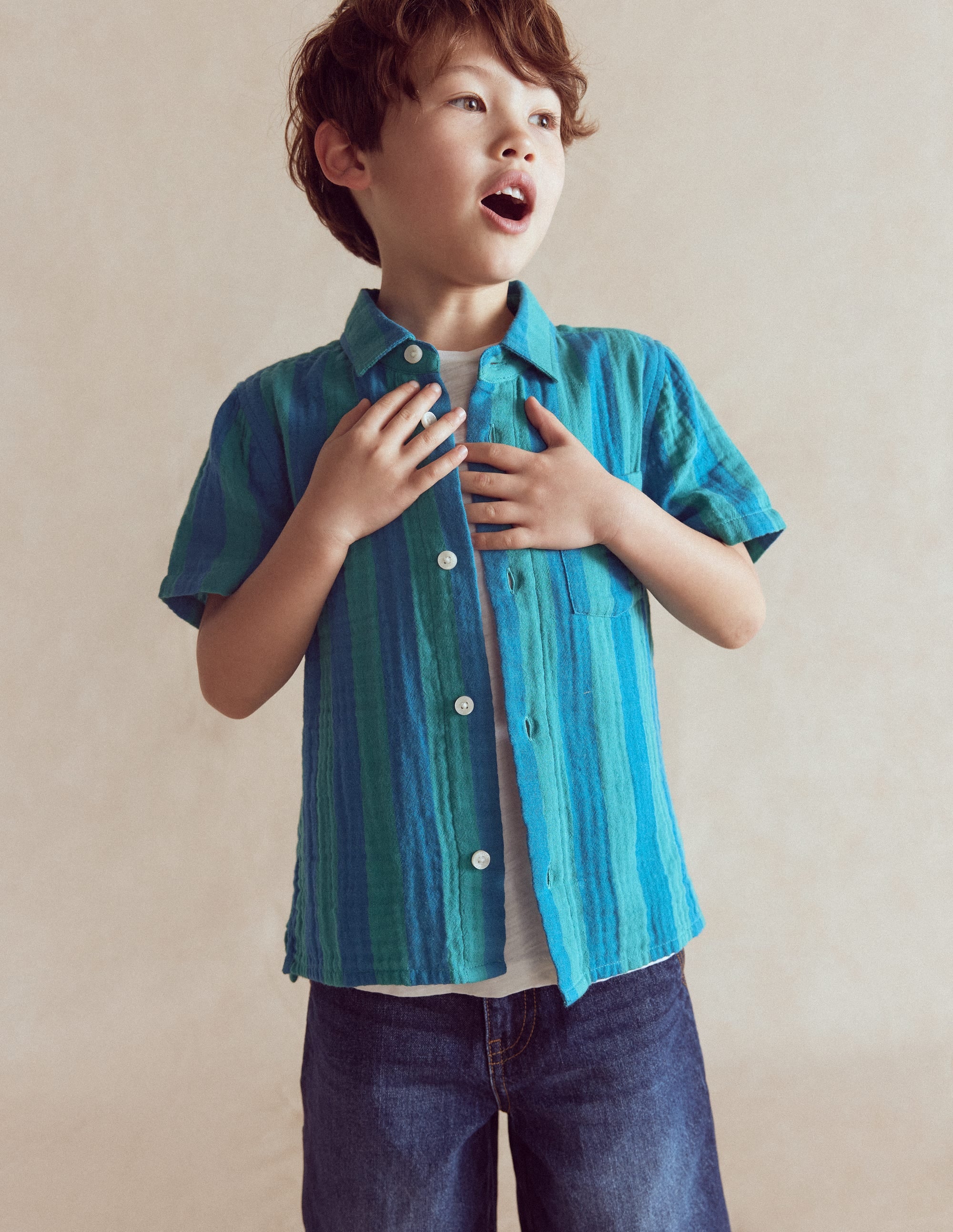 Double Cloth Shirt-Green and Blue Stripe - Image 1