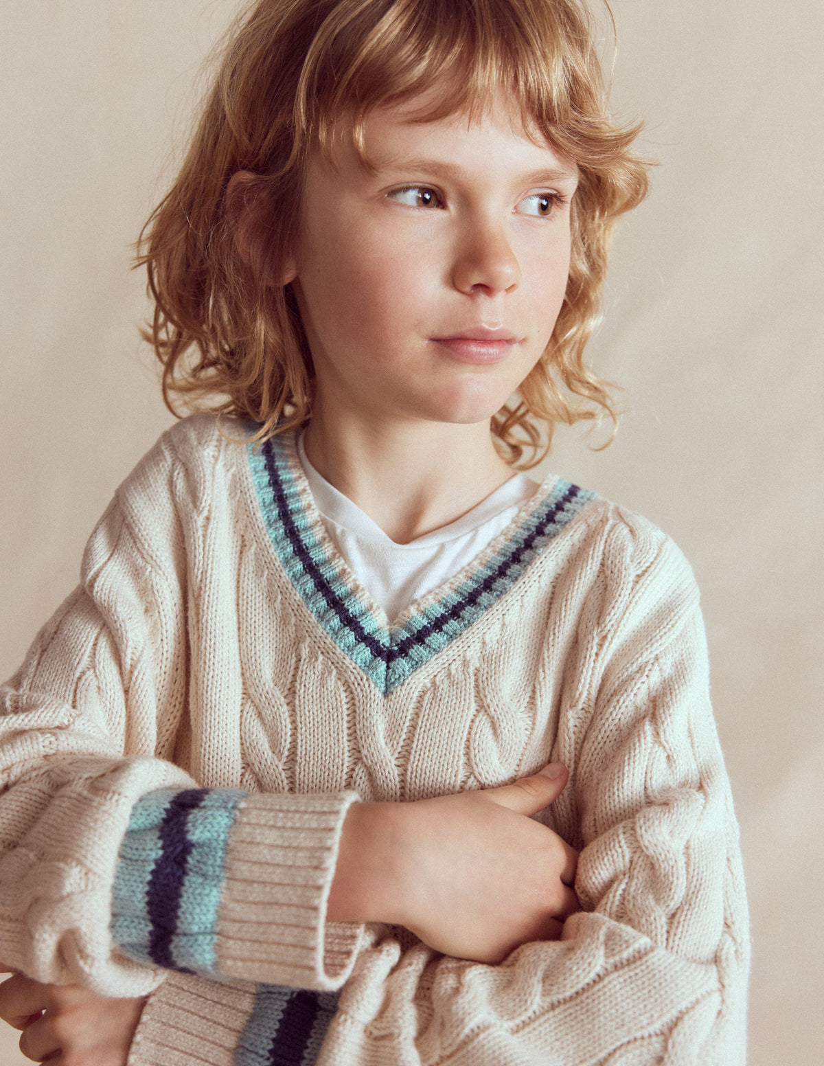 V-neck Cable Jumper-Ivory - Image 2