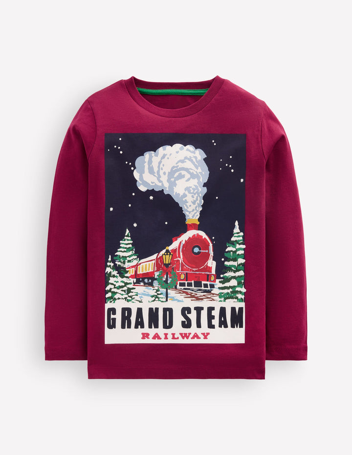 Long Sleeve Printed T-shirt-Red Steam Train