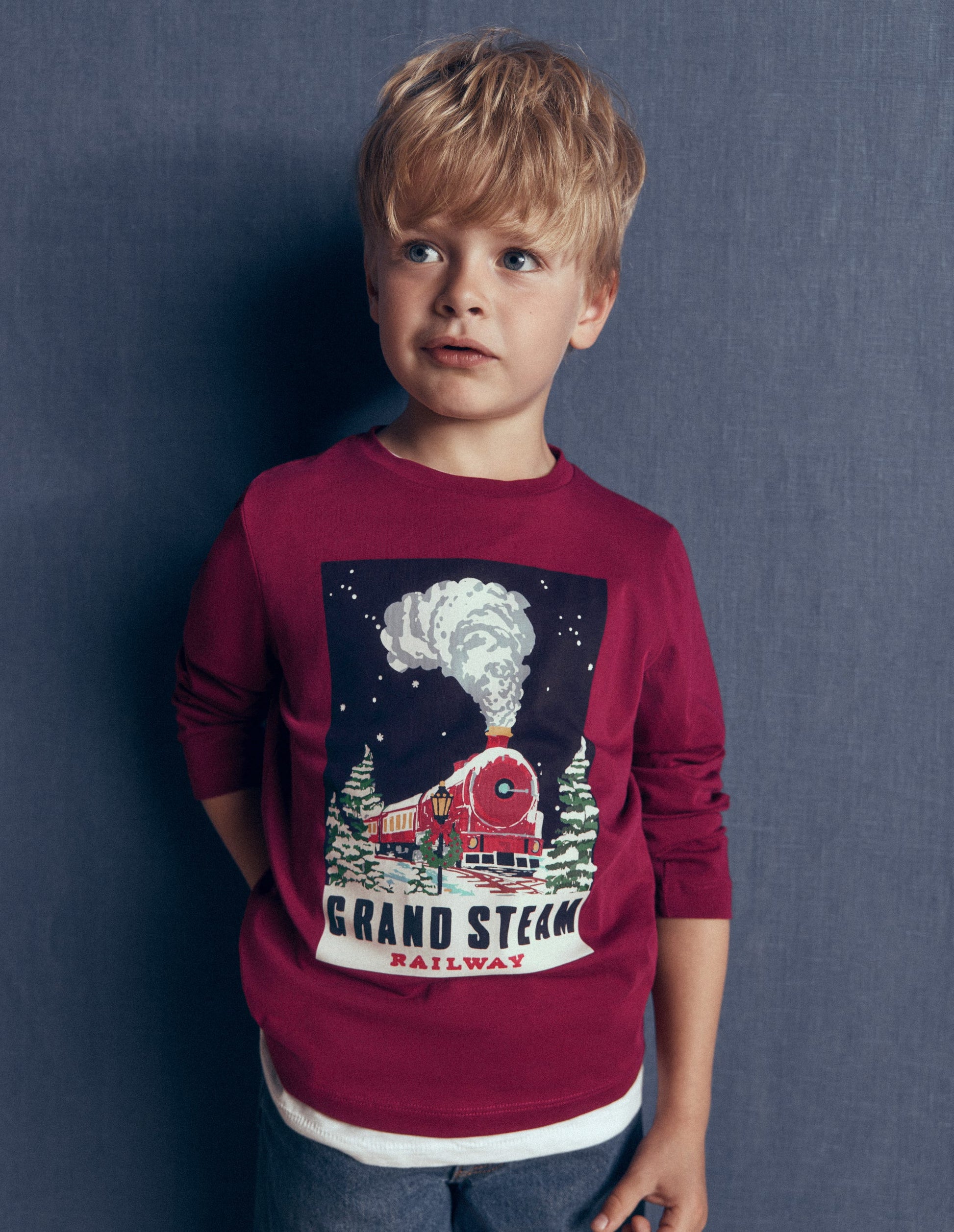 Long Sleeve Printed T-shirt-Red Steam Train-1