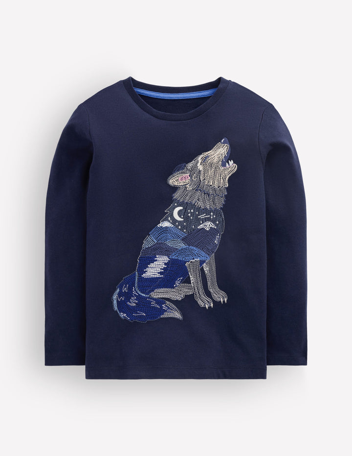 Glow Superstitch T-shirt-French Navy Scenic Wolf