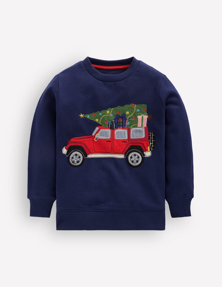Applique sweatshirt-College Navy, Christmas Car