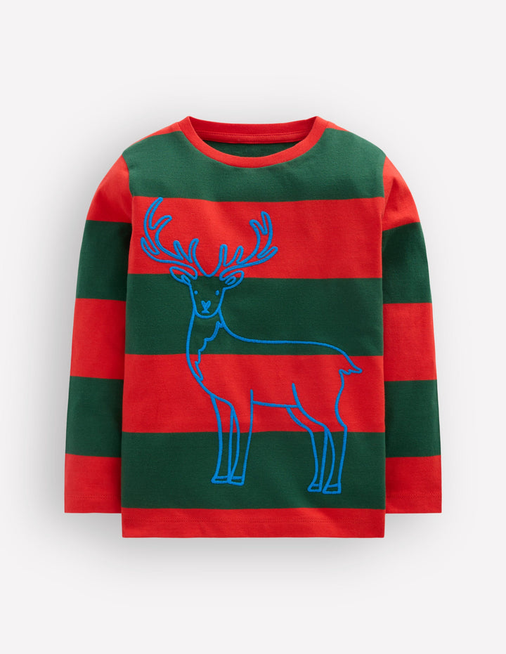 Striped Stitch Detail T-Shirt-Reindeer