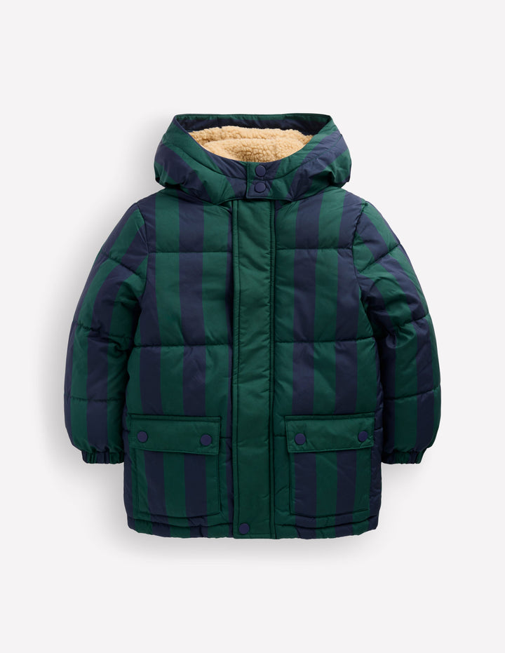 Borg Lined Padded Coat-NAVY AND GREEN STRIPE
