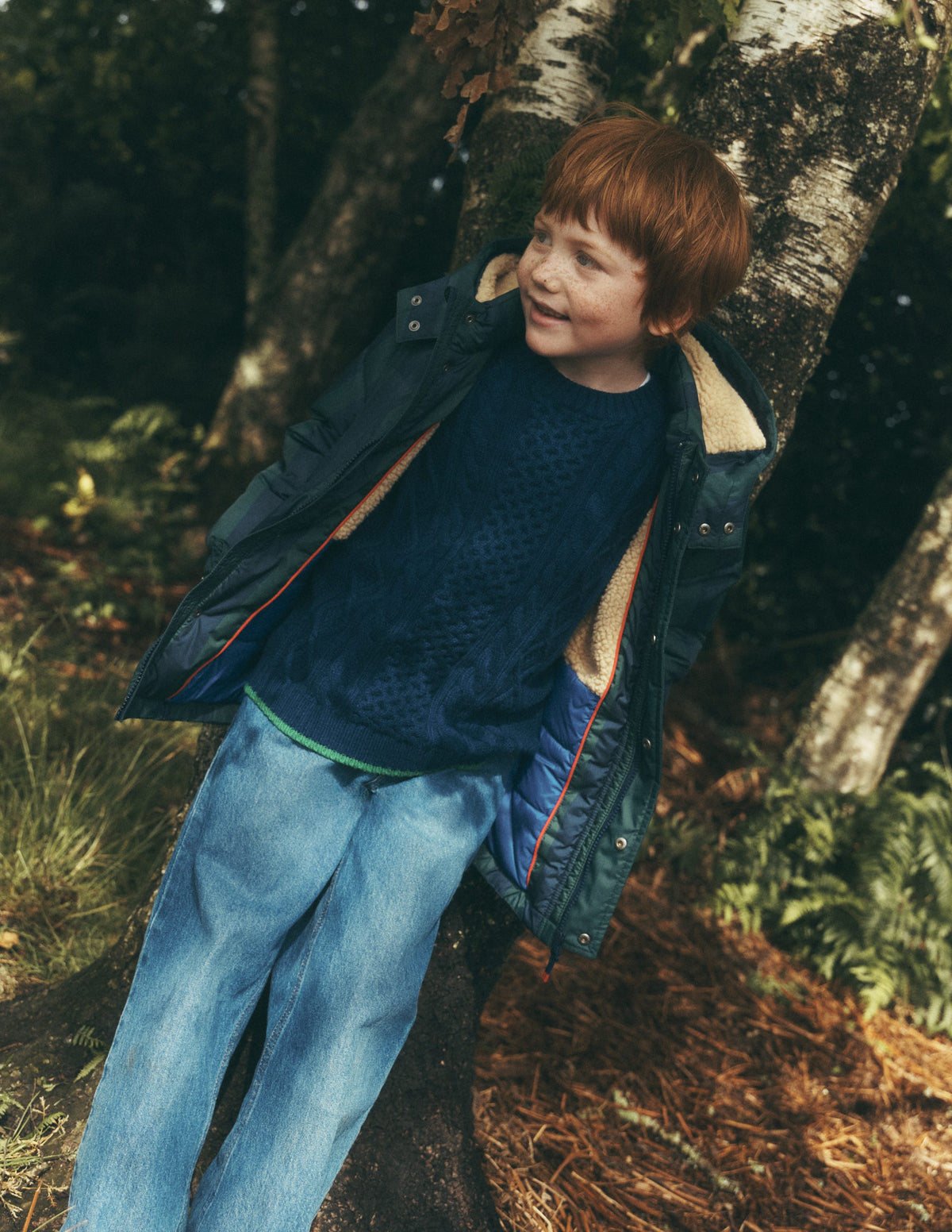 Mid-Length Baffled Coat-NAVY AND GREEN STRIPE-1