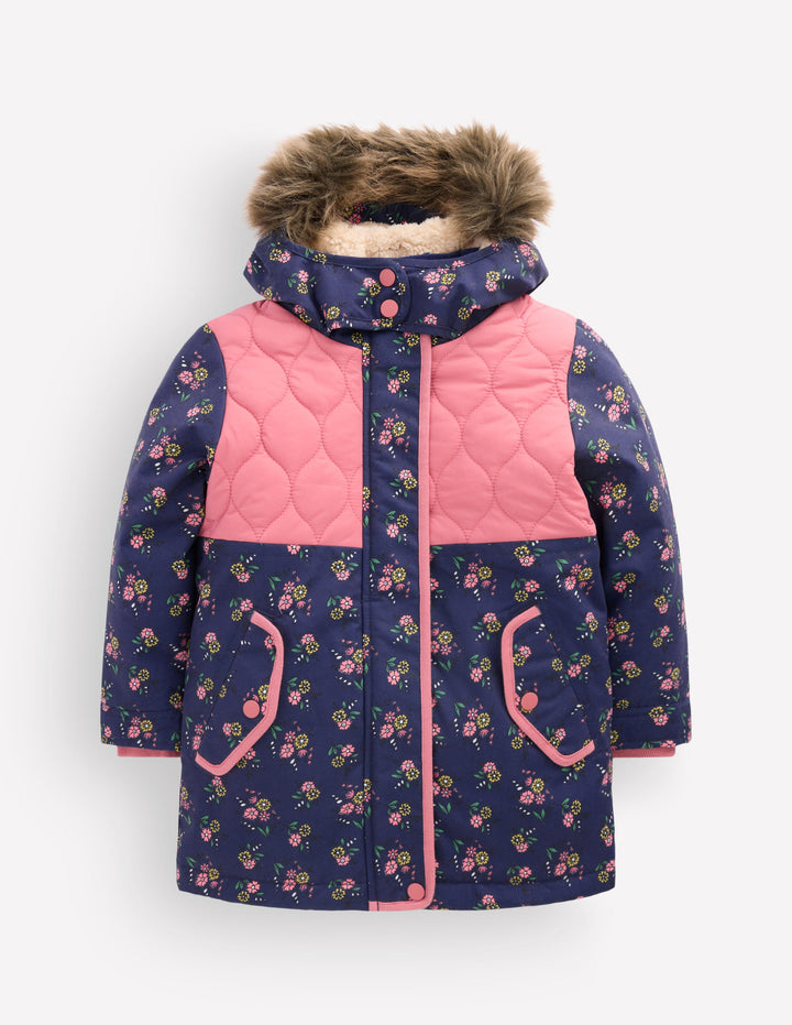 Joni Quilted Parka Coat-Navy Floral