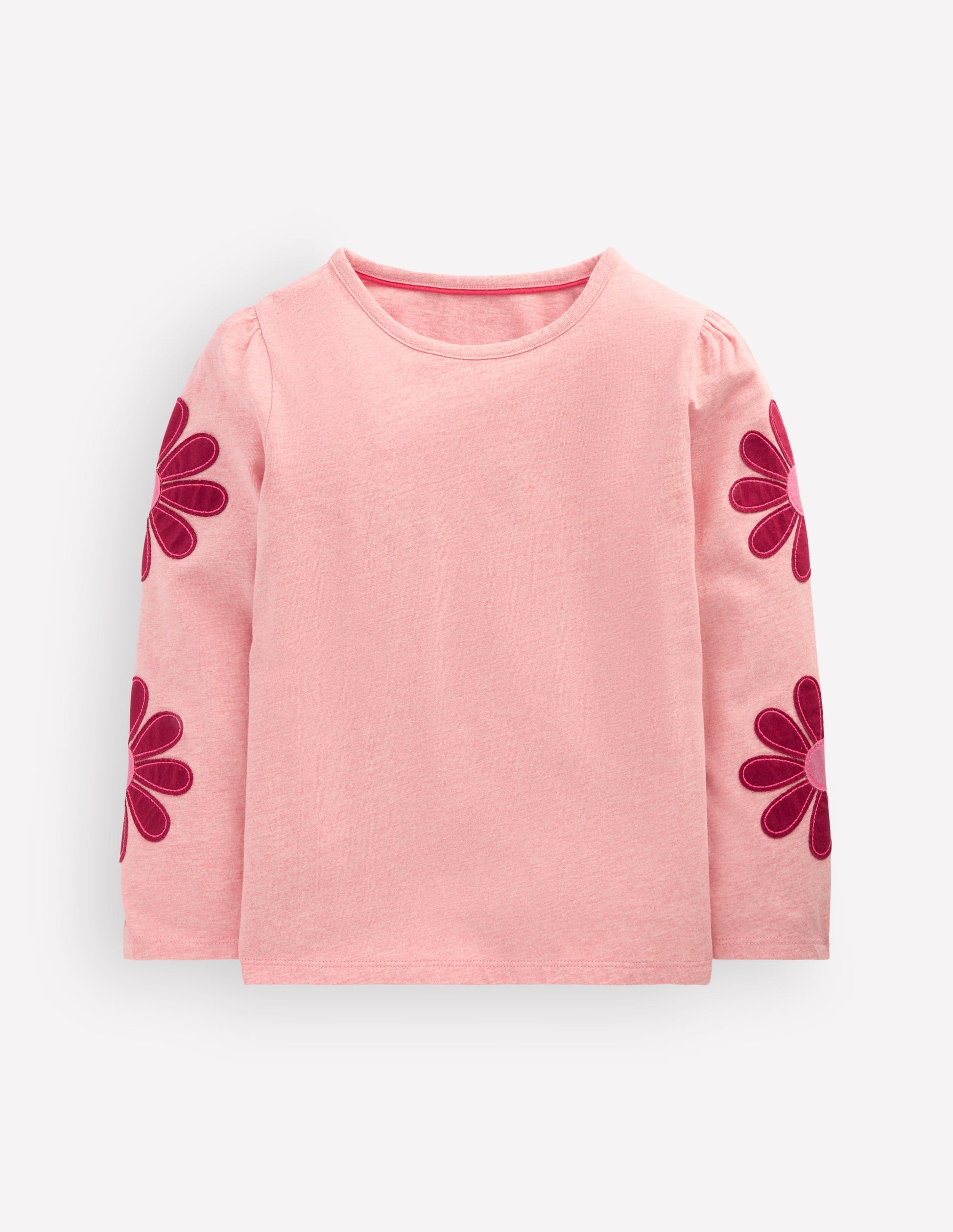Puff Sleeve Appliqué  T-shirt-Pink Marl Flowers-1