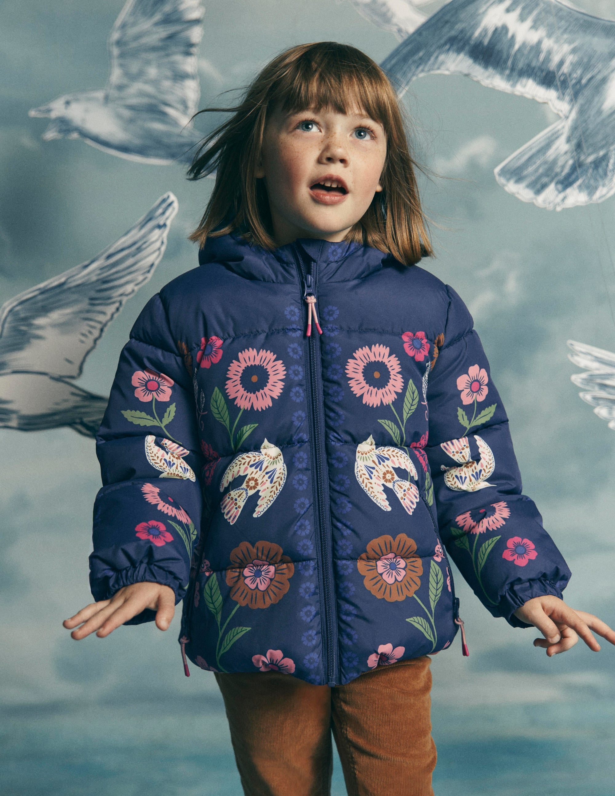 Fun Padded Coat-Navy Bird Placement Print - Image 1