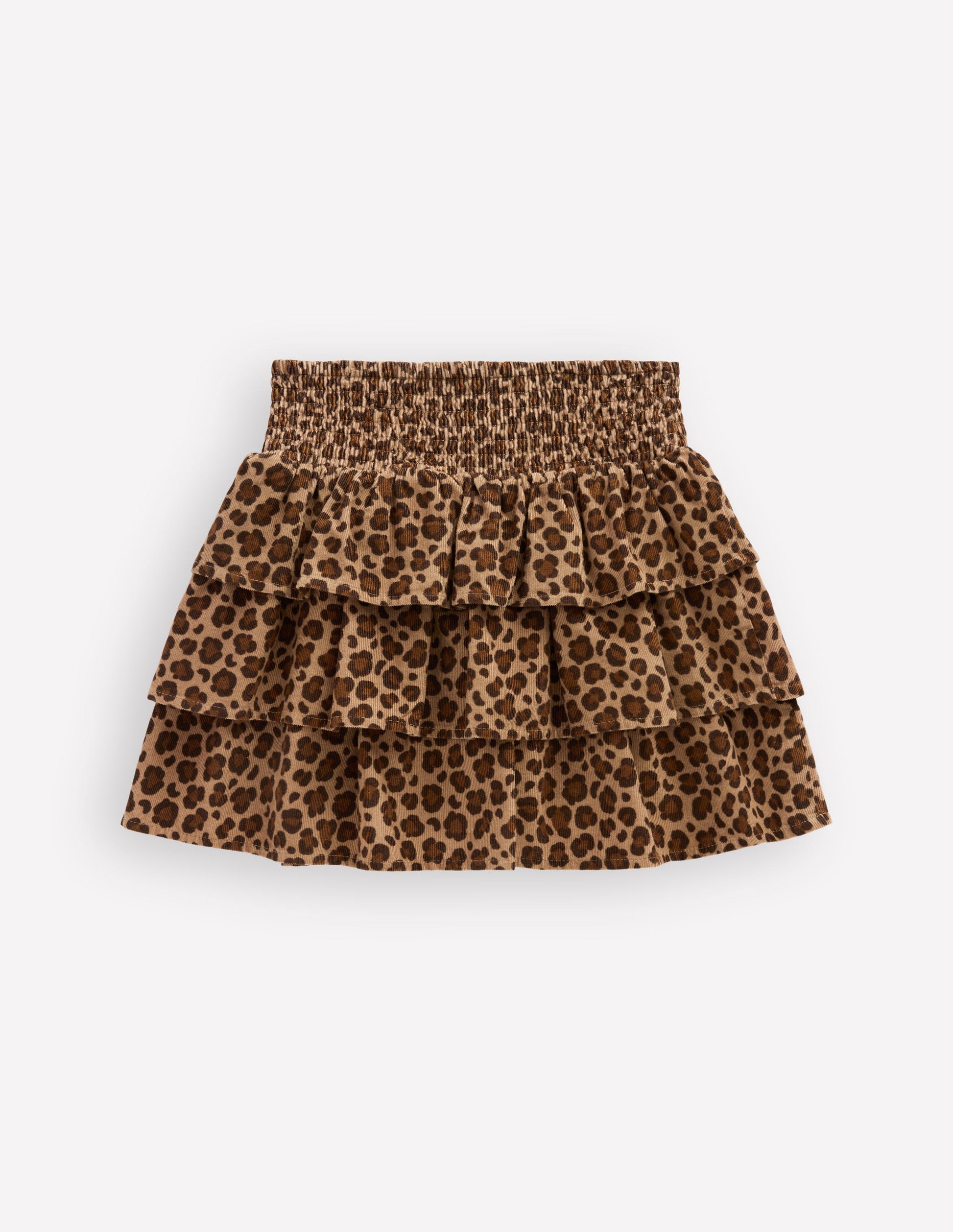 Smocked Waist Ruffle Skirt-Brown Leopard Cord-2