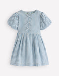 Bow Front Woven Dress-Blue Stripe